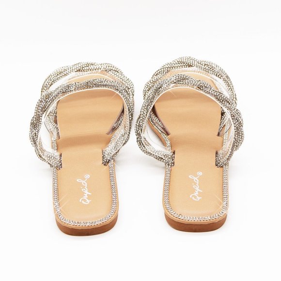 NEW Double Clear Strap Twisted Sparkly Bling Rhinestone Slip On Slides Sandals - Picture 8 of 15